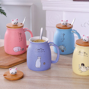 Cat Kitten Ceramic Coffee Mug Tea Milk Water Cup W/Handle + Spoon + Lid 420ML