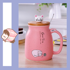 Cat Kitten Ceramic Coffee Mug Tea Milk Water Cup W/Handle + Spoon + Lid 420ML