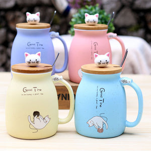 Cat Kitten Ceramic Coffee Mug Tea Milk Water Cup W/Handle + Spoon + Lid 420ML