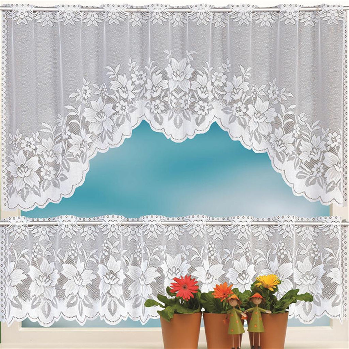 2PCS Lace Coffee Cafe Window Tier Curtains Kitchen Dining Room Home Decor Set