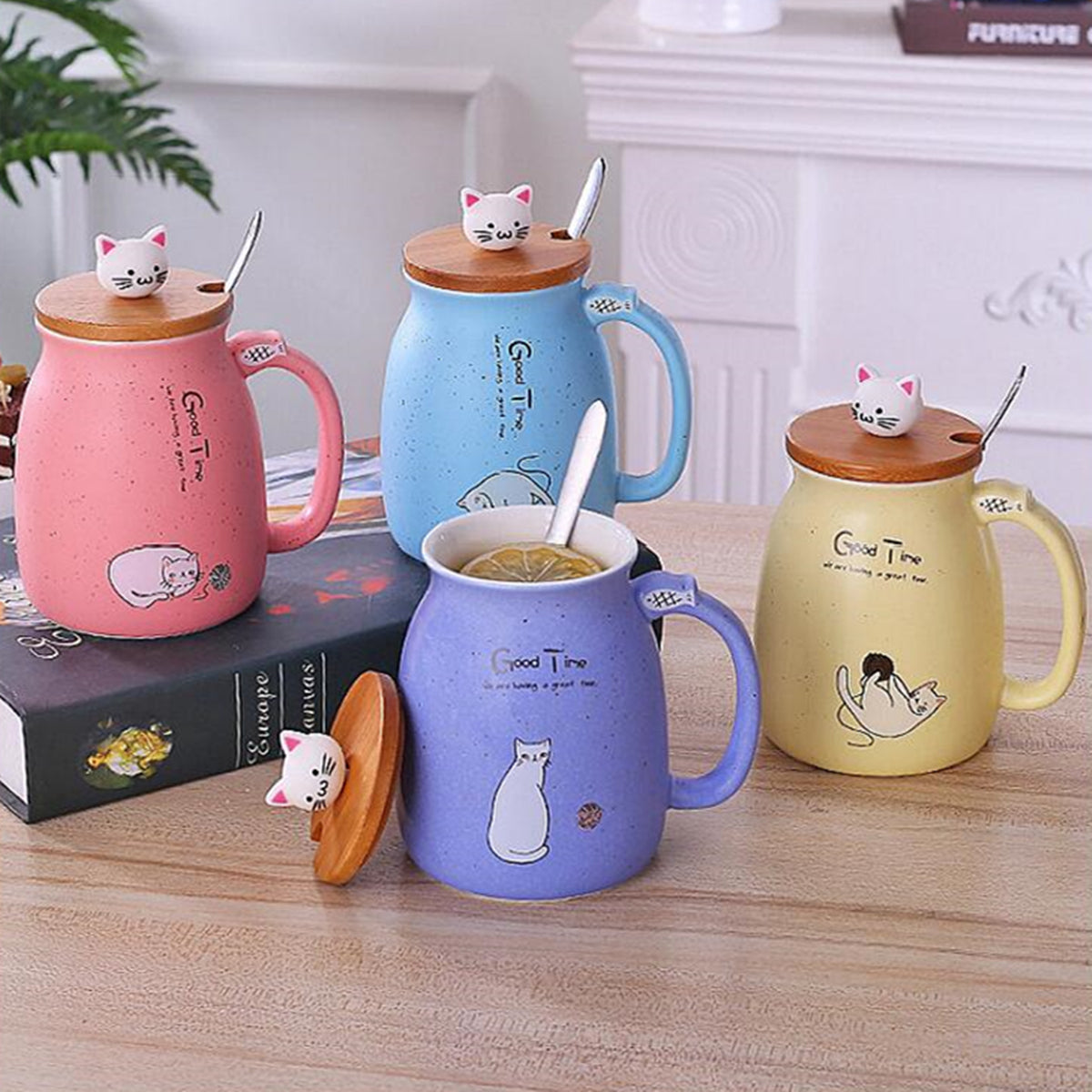 Cat Kitten Ceramic Coffee Mug Tea Milk Water Cup W/Handle + Spoon + Lid 420ML