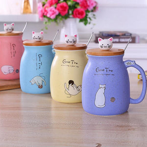 Cat Kitten Ceramic Coffee Mug Tea Milk Water Cup W/Handle + Spoon + Lid 420ML