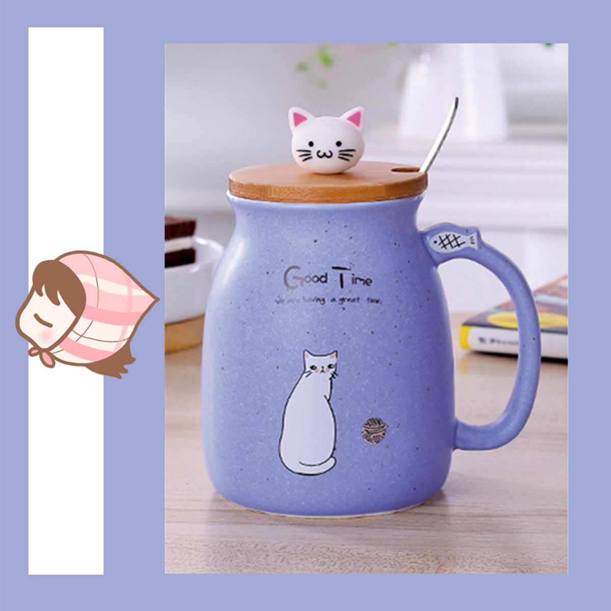 Cat Kitten Ceramic Coffee Mug Tea Milk Water Cup W/Handle + Spoon + Lid 420ML