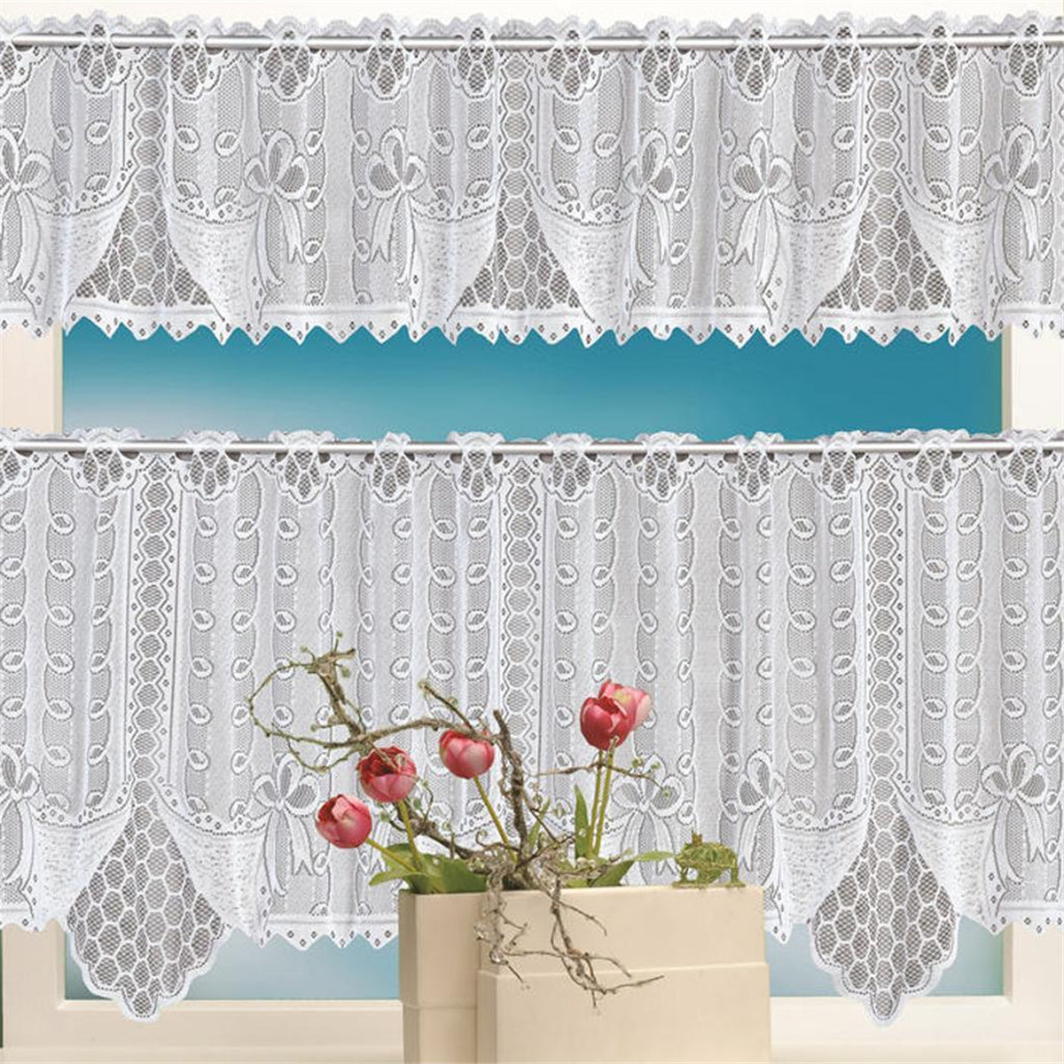 2PCS Lace Coffee Cafe Window Tier Curtains Kitchen Dining Room Home Decor Set