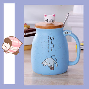 Cat Kitten Ceramic Coffee Mug Tea Milk Water Cup W/Handle + Spoon + Lid 420ML