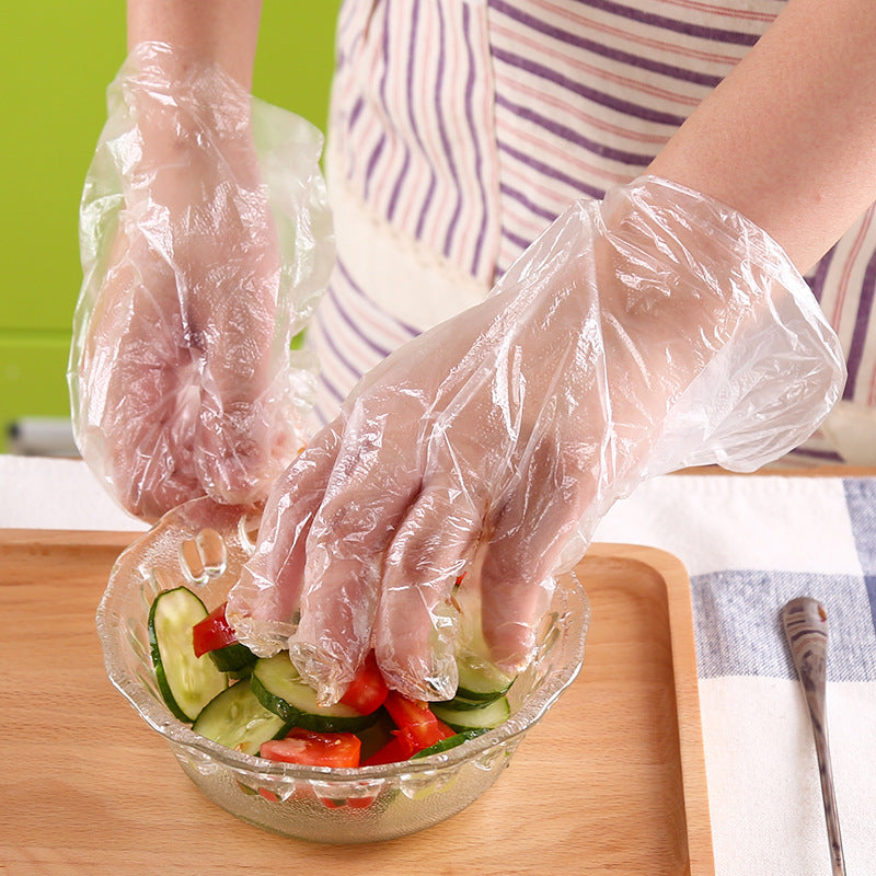 Food Grade Disposable Gloves Film Home Kitchen Dining Thickened Transparent PE Plastic Gloves 100/200pcs / Pack BBQ Film Replaceble Gloves Cooking Kitchen Tools