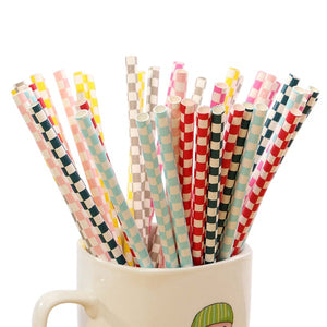 Biodegradable Checkered Pattern Paper Drinking Straws Striped Birthday For Wedding Party