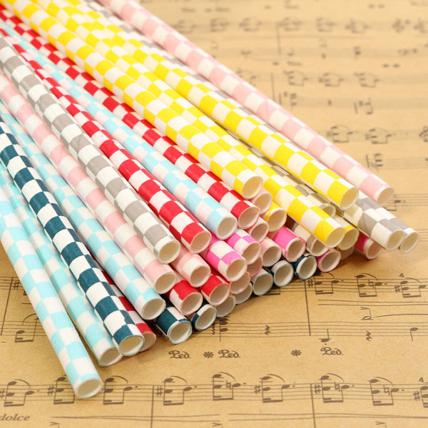 Biodegradable Checkered Pattern Paper Drinking Straws Striped Birthday For Wedding Party