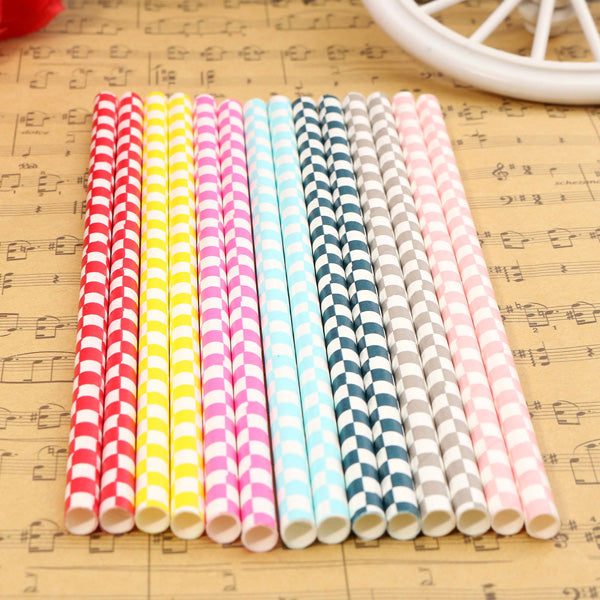 Biodegradable Checkered Pattern Paper Drinking Straws Striped Birthday For Wedding Party