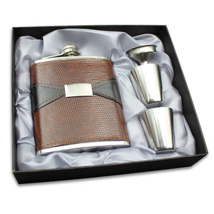 7oz Stainless Steel Portable Whiskey Hip Flask Foreskin Embossed Pot PU Leather Mini Jug Bottles Flagon Set Gift Box with Cup and Funnel