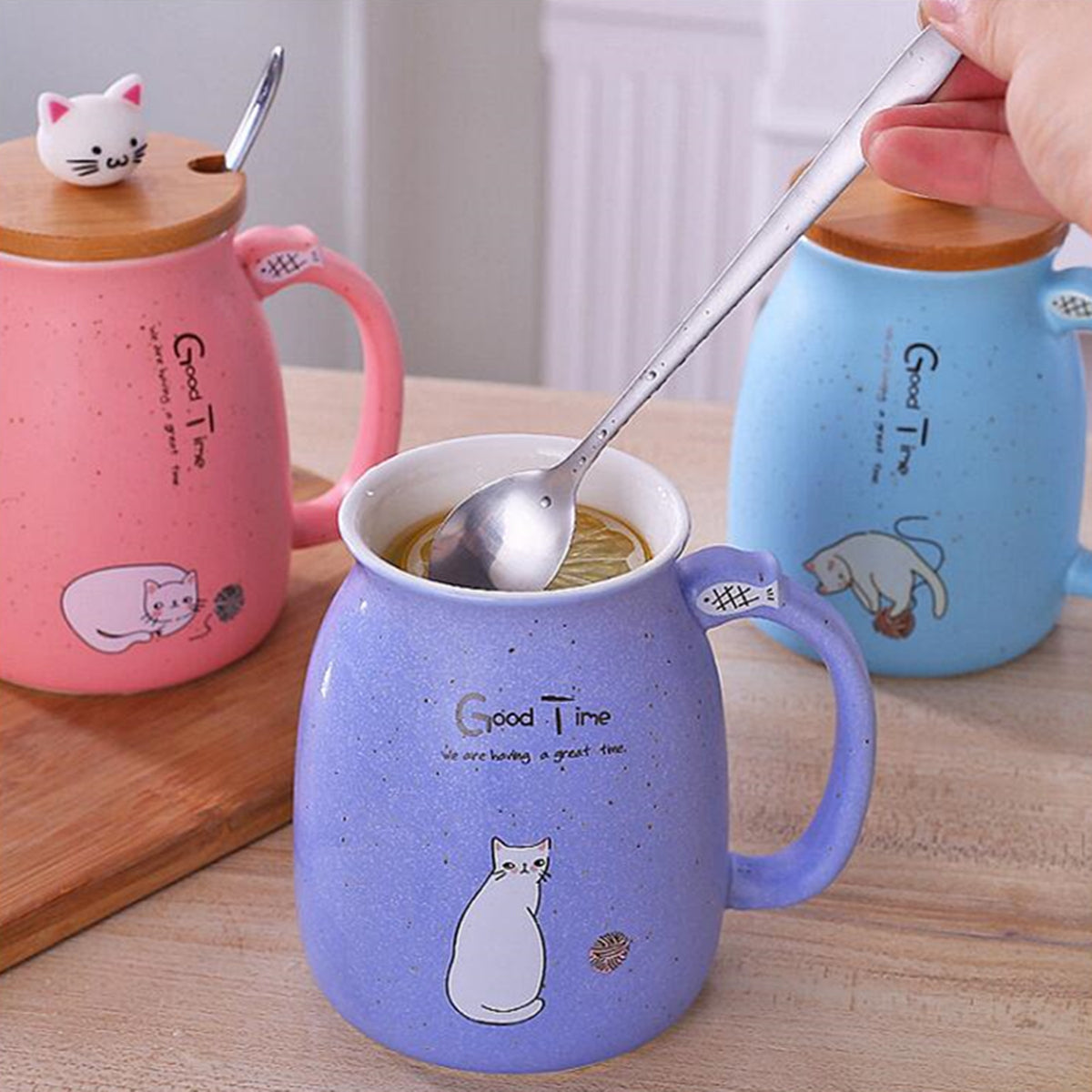 Cat Kitten Ceramic Coffee Mug Tea Milk Water Cup W/Handle + Spoon + Lid 420ML