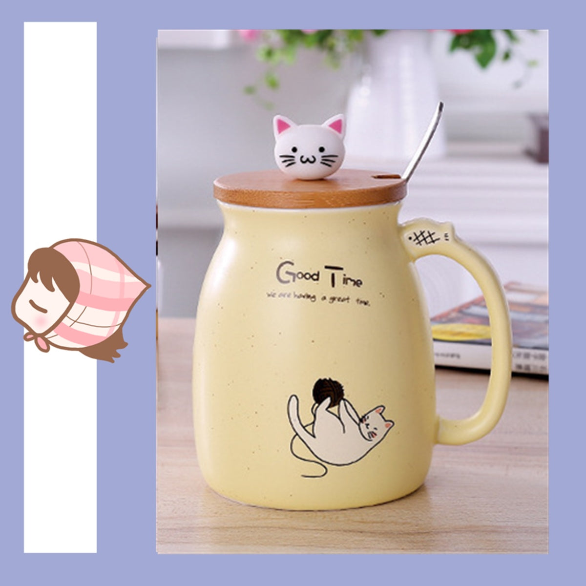 Cat Kitten Ceramic Coffee Mug Tea Milk Water Cup W/Handle + Spoon + Lid 420ML