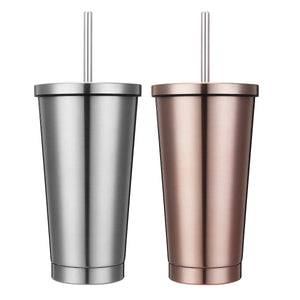 500ml Stainless Steel Mug Portable Home And Office Tumbler Coffee Ice Cup With Drinking Straw