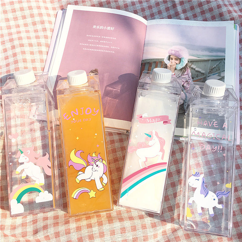 500ml Fantastic Summer Unicorn Cartoon Milk Drink Box Water Bottle Birthday Kid Clear Plastic Water Bottle Gym Sport Cactus Juice Frui Holder Fitness Picnic