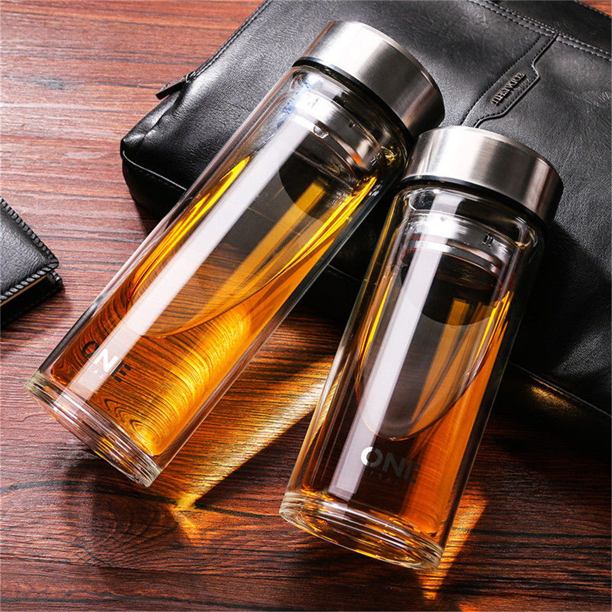 Large Glass Juice Water Bottle Double Walled Tea Infuser Mug With Travel Sleeve