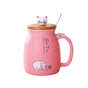 Cat Kitten Ceramic Coffee Mug Tea Milk Water Cup W/Handle + Spoon + Lid 420ML