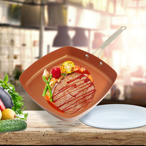 Non-stick Copper Square Pan with Ceramic Frying Pan Copper Oven & Dishwasher Chef Square Fry Pan