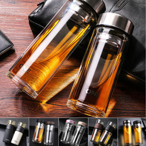 Large Glass Juice Water Bottle Double Walled Tea Infuser Mug With Travel Sleeve